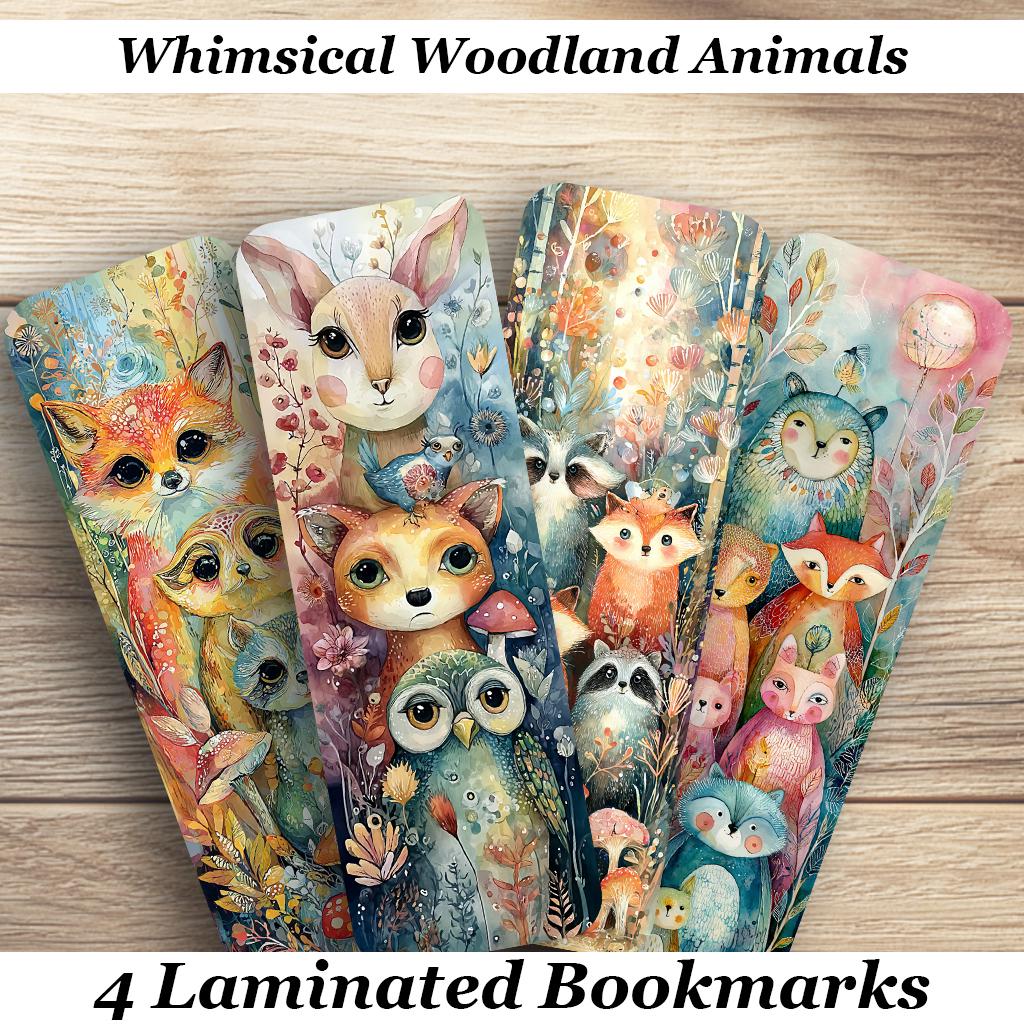 Whimsical Woodland Animals Laminated Bookmarks A set of 4 bookmarks featuring cute woodland creatures Ideal gift for booklovers or yourself