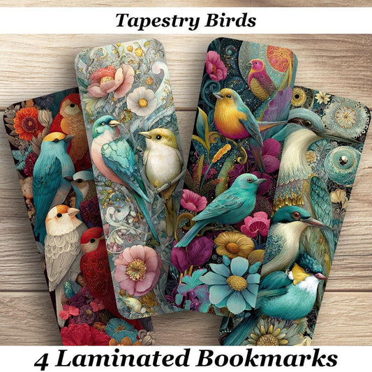 Tapestry Birds Laminated Bookmarks. 4 richly colored book marks. Ideal gift for book lovers, bird lovers, readers or just for yourself!