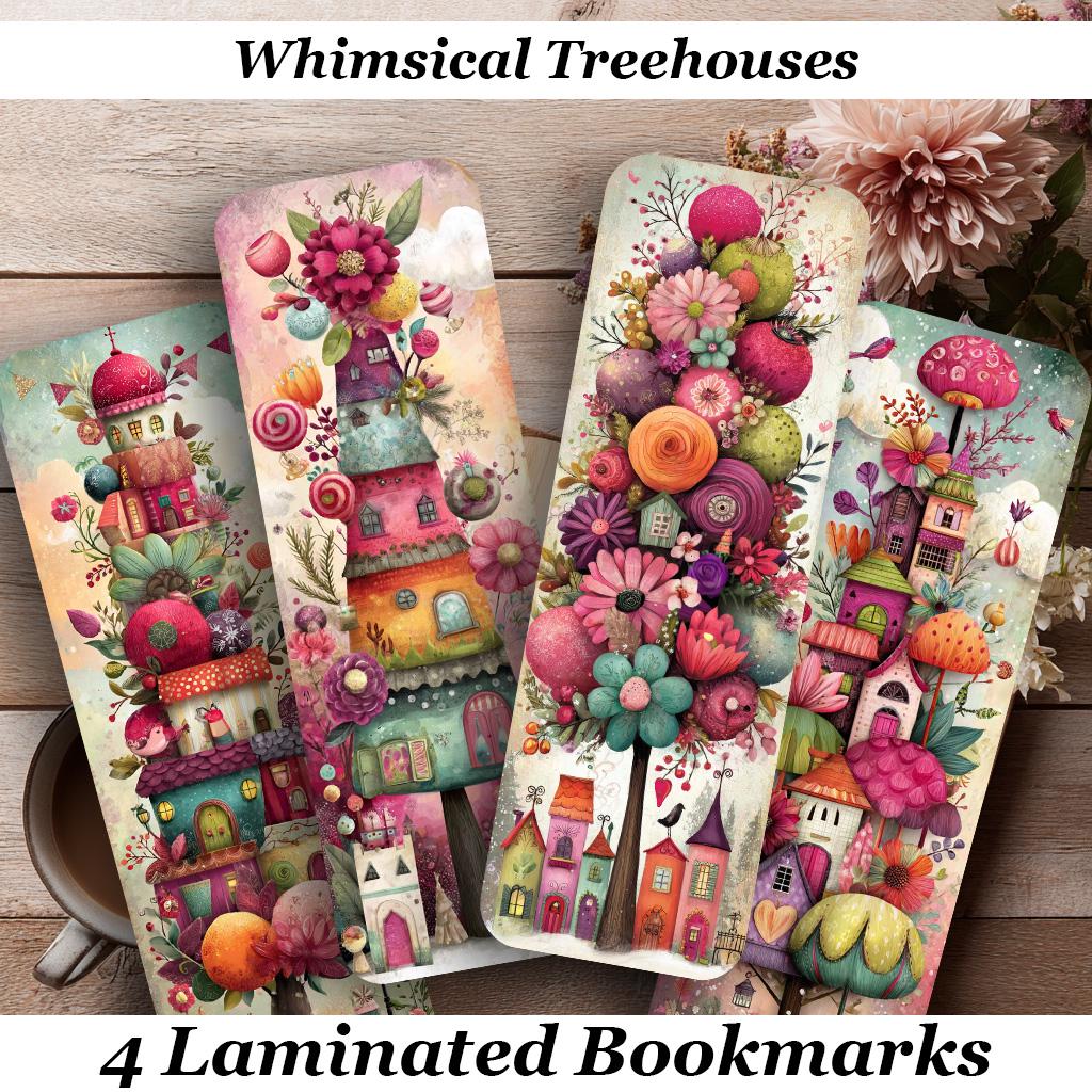 Whimsical Tree Houses Laminated Bookmarks. Set of 4 different designs. Ideal Gift For Book Lovers, Readers or for yourself!