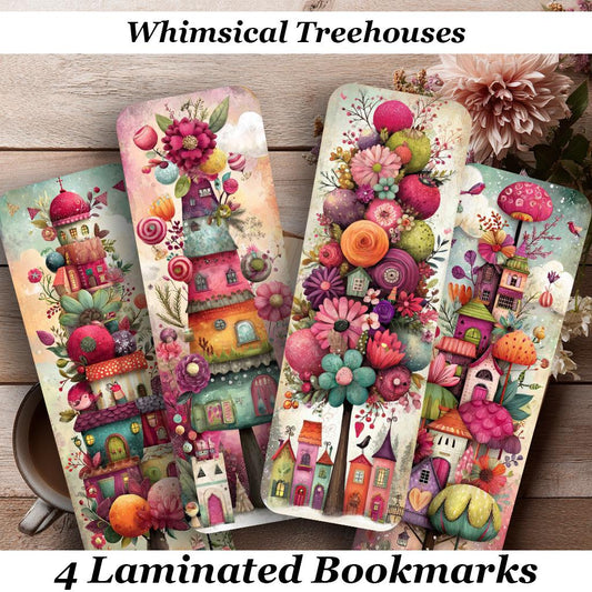 Whimsical Tree Houses Laminated Bookmarks. Set of 4 different designs. Ideal Gift For Book Lovers, Readers or for yourself!