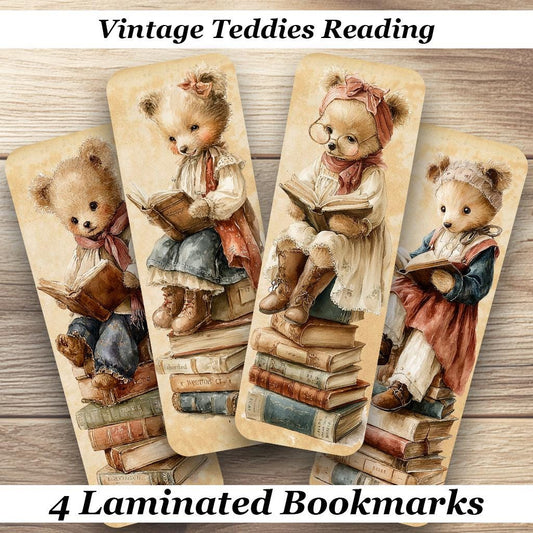 Vintage Teddies Reading Laminated Bookmarks. Set of 4 Teddy Book Marks. Ideal gift Book Lovers, Readers, Kids, Book Clubs or yourself.