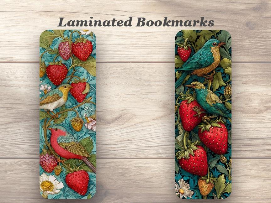Tapestry Strawberries Laminated Bookmarks. Set of 4 vintage style book marks. Ideal gift for gardeners, book lovers, readers, book clubs.