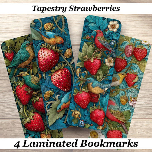Tapestry Strawberries Laminated Bookmarks. Set of 4 vintage style book marks. Ideal gift for gardeners, book lovers, readers, book clubs.