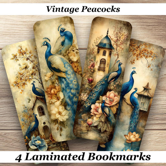 Vintage Peacocks Laminated Bookmarks. Set of 4 pretty book marks. Ideal gift for book lovers, readers, book clubs or for yourself.