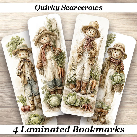 Quirky Scarecrows Laminated Bookmarks. Set of 4 cute Quirky Scarecrow book marks.Ideal gift for gardeners, book lovers, readers, book clubs.