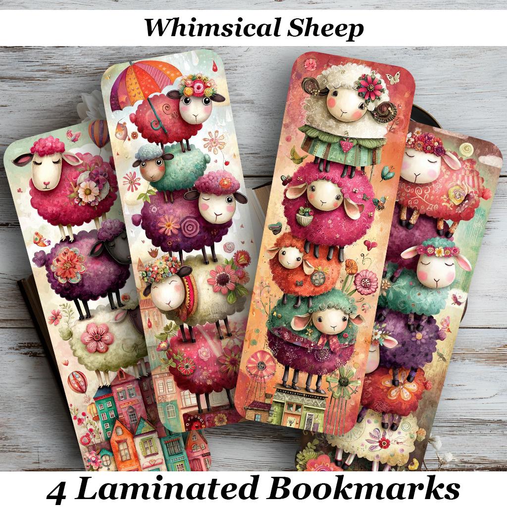Whimsical Sheep Laminated Bookmarks. Set of 4 Cute Sheep themed book marks. Ideal gift for Book Lovers or keep for yourself!