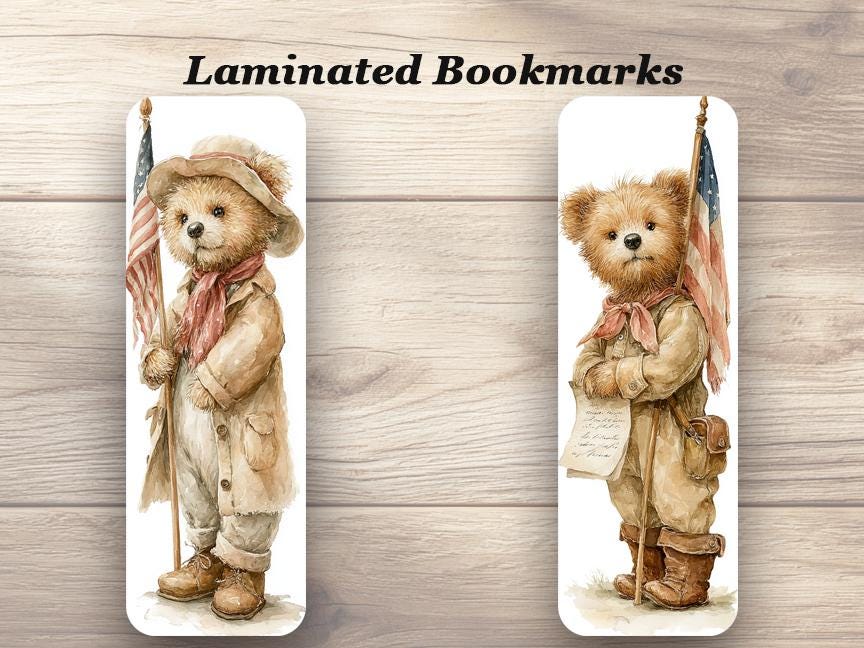 Vintage 4th July Teddies Laminated Bookmarks. Set of 4 cute teddy bear book marks. Gift for teddy bear lovers, book lovers or yourself!