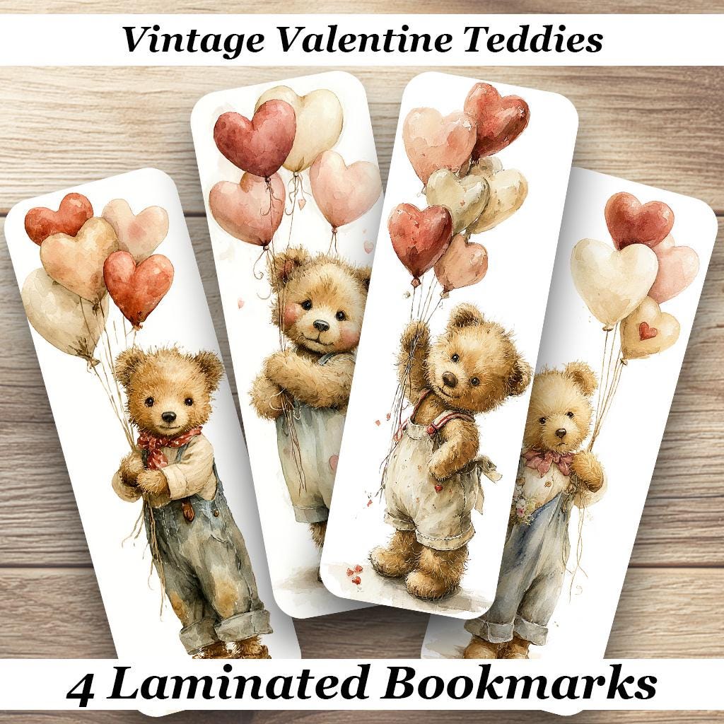 Vintage Valentine Teddies Laminated Bookmarks Set of 4 cute book marks to celebrate love Ideal gift for book lovers, sweethearts or yourself