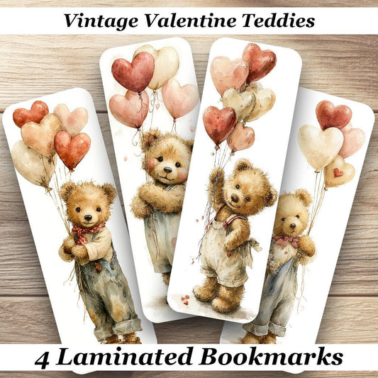 Vintage Valentine Teddies Laminated Bookmarks Set of 4 cute book marks to celebrate love Ideal gift for book lovers, sweethearts or yourself
