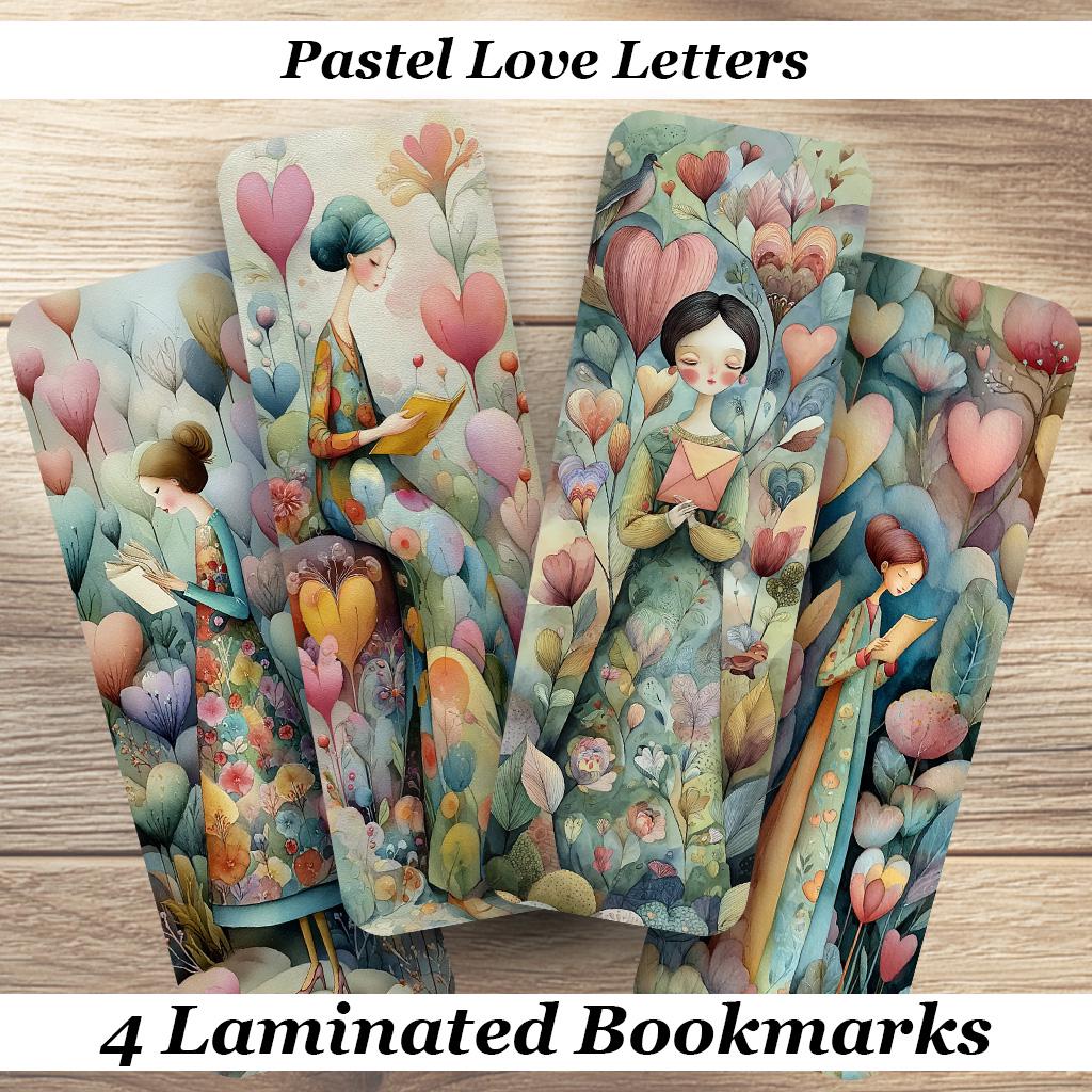 Pastel Love Letters Laminated Bookmarks. Set of 4 beautiful book marks. Ideal gift for Valentines Day, Book Lovers, Readers, Romantics