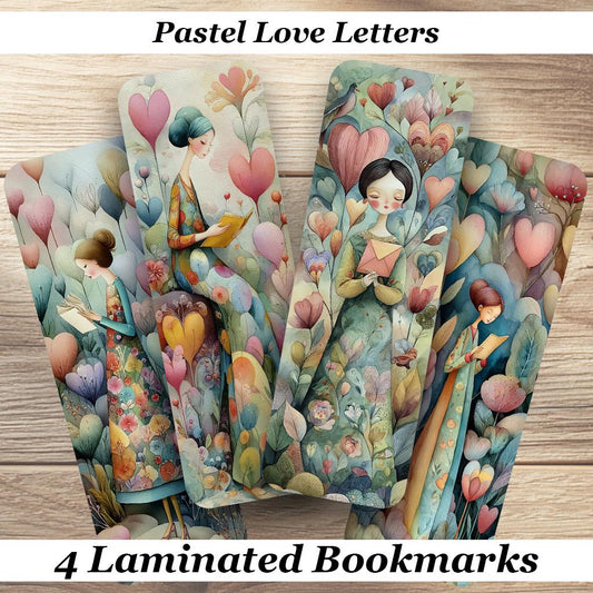 Pastel Love Letters Laminated Bookmarks. Set of 4 beautiful book marks. Ideal gift for Valentines Day, Book Lovers, Readers, Romantics