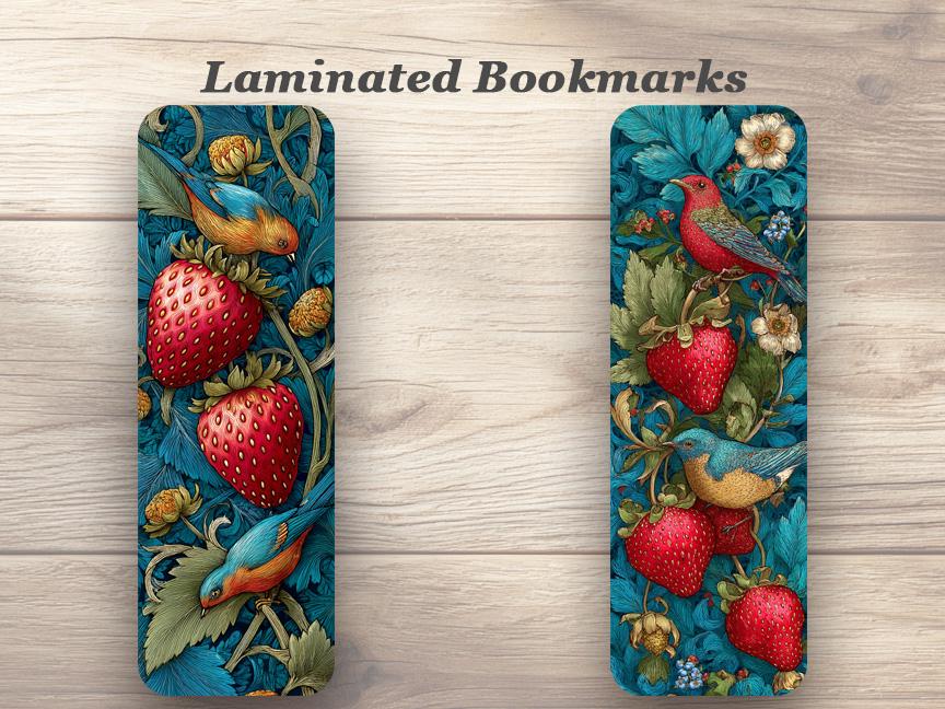 Tapestry Strawberries Laminated Bookmarks. Set of 4 vintage style book marks. Ideal gift for gardeners, book lovers, readers, book clubs.