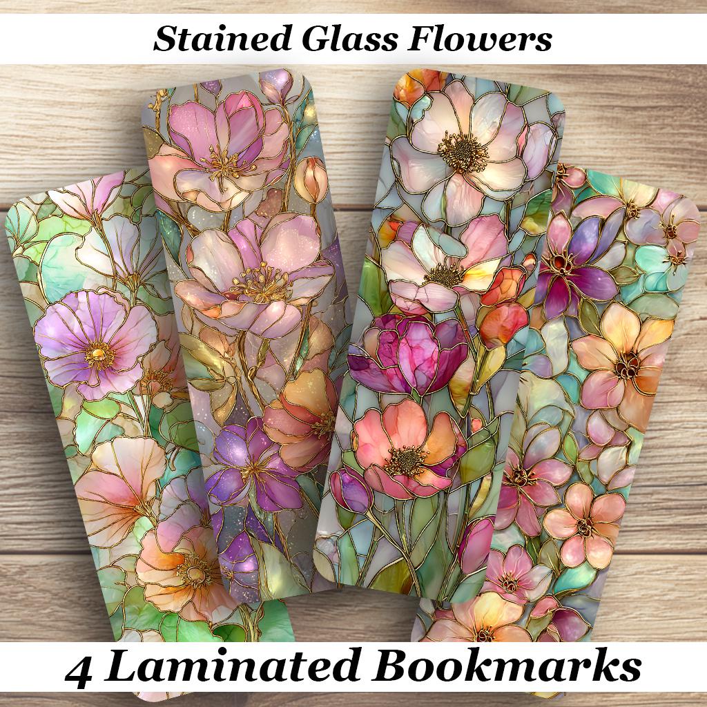 Stained Glass Flowers Laminated Bookmarks. Set of 4 pretty flower themed book marks. Ideal gift for book lovers, gardeners, readers or you!