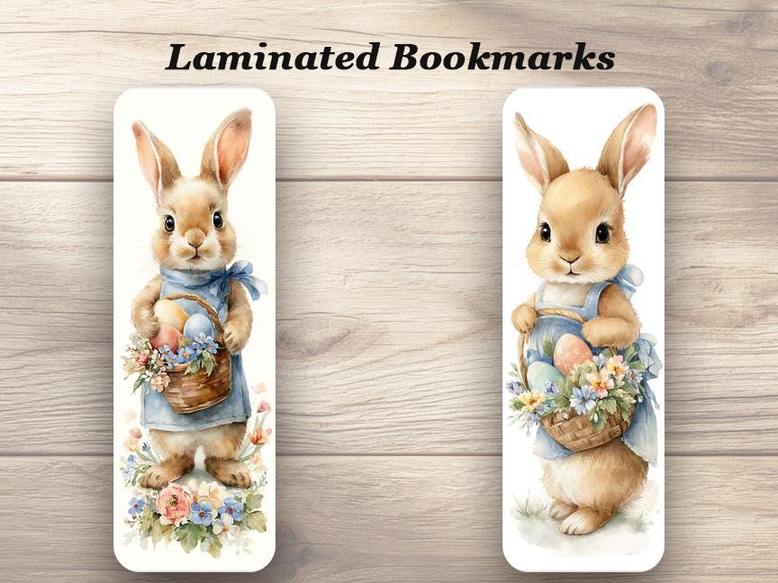 Cute Easter Bunny Laminated Bookmarks. Set of 4 different Easter Bunnies with a basket of chocolate eggs! Gift for Easter, Book Lovers etc.