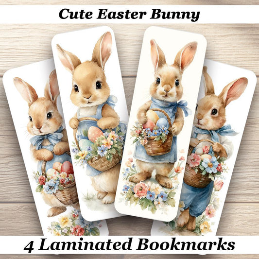 Cute Easter Bunny Laminated Bookmarks. Set of 4 different Easter Bunnies with a basket of chocolate eggs! Gift for Easter, Book Lovers etc.