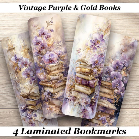 Vintage Purple and Gold Books Laminated Bookmarks. Set of 4 delightful book marks. ideal gift for book lovers, readers, book clubs, yourself