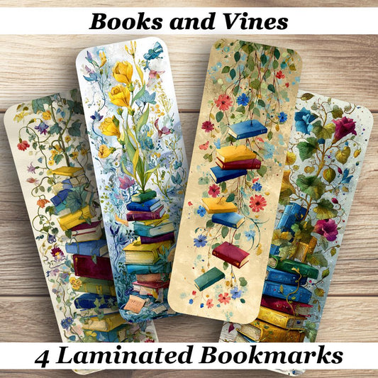 Books and Vines Bookmarks Set of 4 Laminated Floral Bookmarks for Book Lovers.  Cottagecore Reading Gift