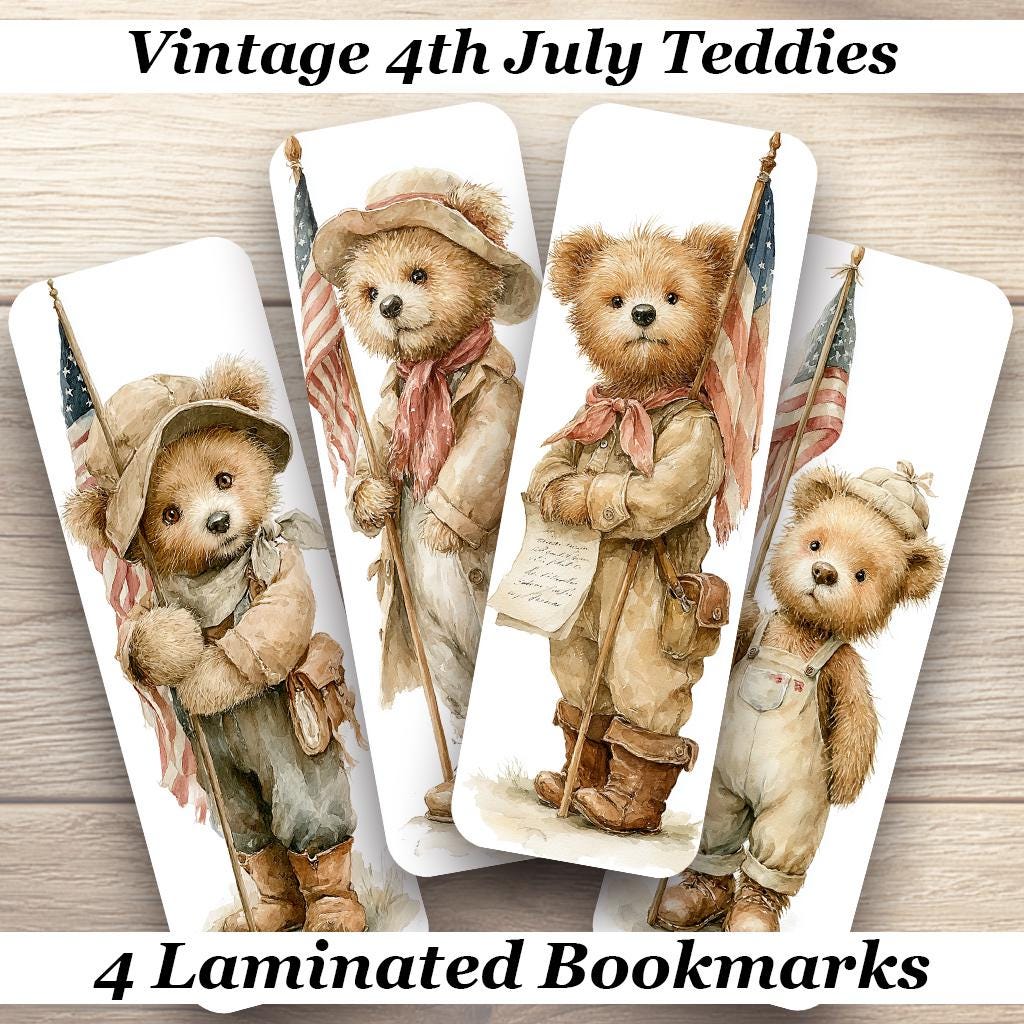 Vintage 4th July Teddies Laminated Bookmarks. Set of 4 cute teddy bear book marks. Gift for teddy bear lovers, book lovers or yourself!
