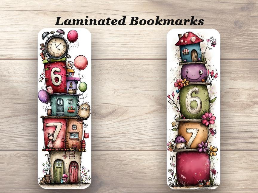 Whimsical 6 7 ! Laminated Bookmarks. Set of 4 quirky book marks. Ideal gift for tweens, teenagers, young at heart, book lovers or yourself!