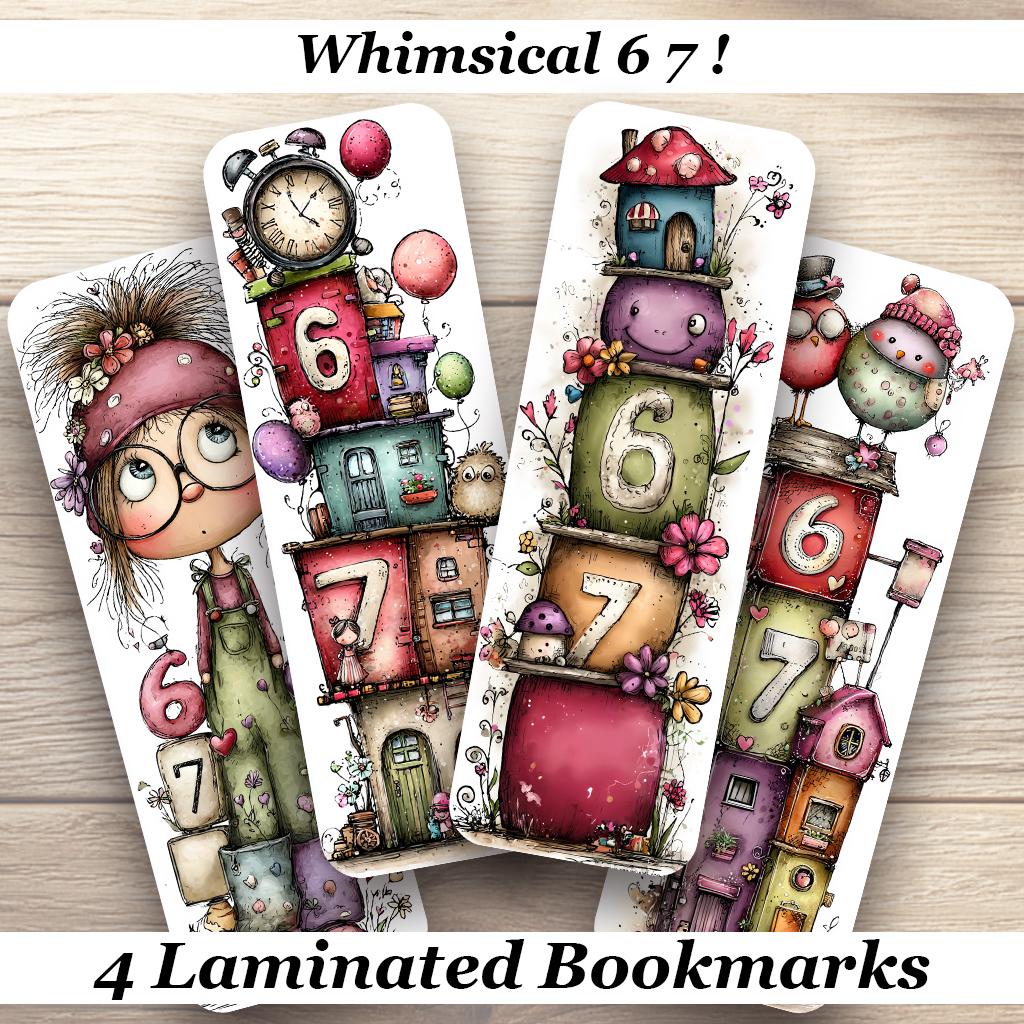 Whimsical 6 7 ! Laminated Bookmarks. Set of 4 quirky book marks. Ideal gift for tweens, teenagers, young at heart, book lovers or yourself!