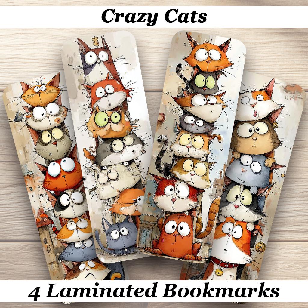 Crazy Cats Laminated Bookmarks. Set of 4 feline themed book marks. Ideal gift for cat owners, book lovers, book clubs or for yourself!