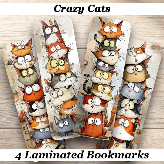 Crazy Cats Laminated Bookmarks. Set of 4 feline themed book marks. Ideal gift for cat owners, book lovers, book clubs or for yourself!