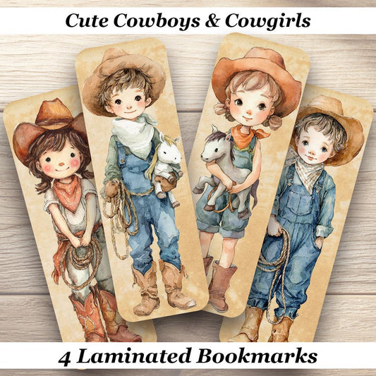 Cute Cowboys & Cowgirls Laminated Bookmarks. Set of 4 cottagecore vibe book marks. Gift for book lovers, readers, book clubs or yourself!
