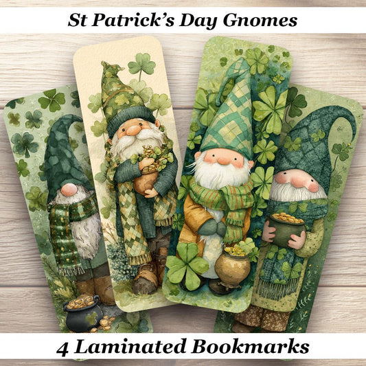 St. Patrick's Day Gnome Bookmarks. Set of 4 Laminated Shamrock Gnome Bookmarks. Cute Reading Gift for Book Lovers