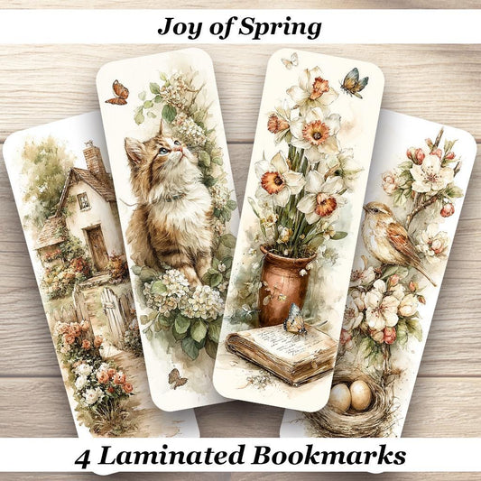 Joy of Spring Laminated Bookmarks. Set of 4 cottagecore vibe book marks. Gift for book lovers, readers, book club or yourself!