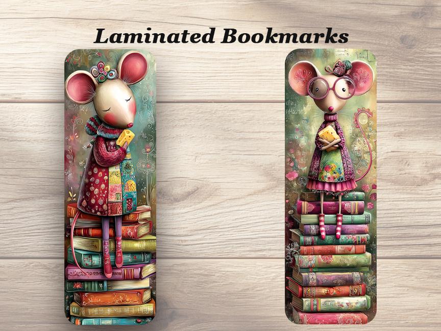 Whimsical Mice Laminated Bookmarks. Set of 4 book marks. Cheese, books or both?!! Ideal gift for mice lovers, book lovers or yourself!