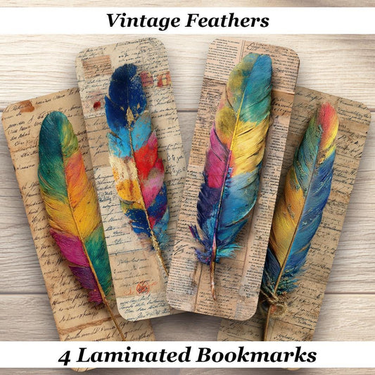 Vintage Feathers Laminated Bookmarks. Set of 4 lovely different designs. Ideal gift for book lovers, readers, book clubs or for yourself!