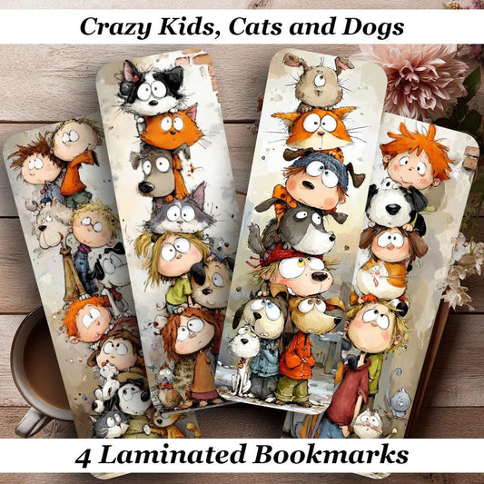 Crazy Kids, Cats and Dogs Laminated Bookmarks. A set of 4 bookmarks ready for marking your page. Ideal gift for all book lovers or yourself!