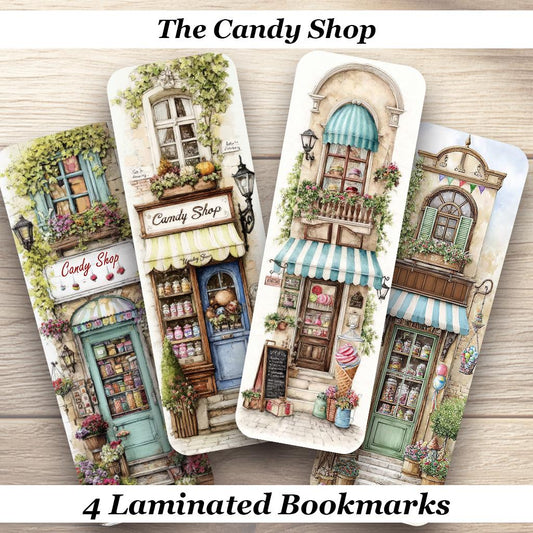 The Candy Shop Laminated Bookmarks. Set of 4 different cottagecore designs, sweet book marks. Gift for book lovers, readers, book clubs.