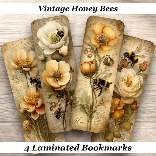 Vintage Honey Bees Laminated Bookmarks. Set of 4 different designs with a vintage cottagecore vibe. Gift for book lovers, book clubs or you!