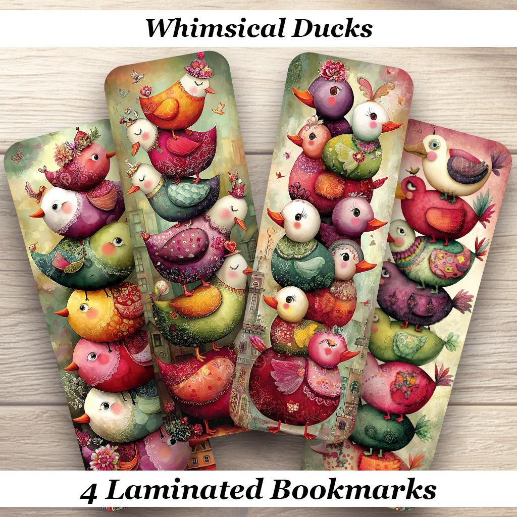 Whimsical Ducks Laminated Bookmarks. Set of 4 different designs Ideal gift for Book Lovers, Duck Lovers, Readers, Book Clubs or for yourself