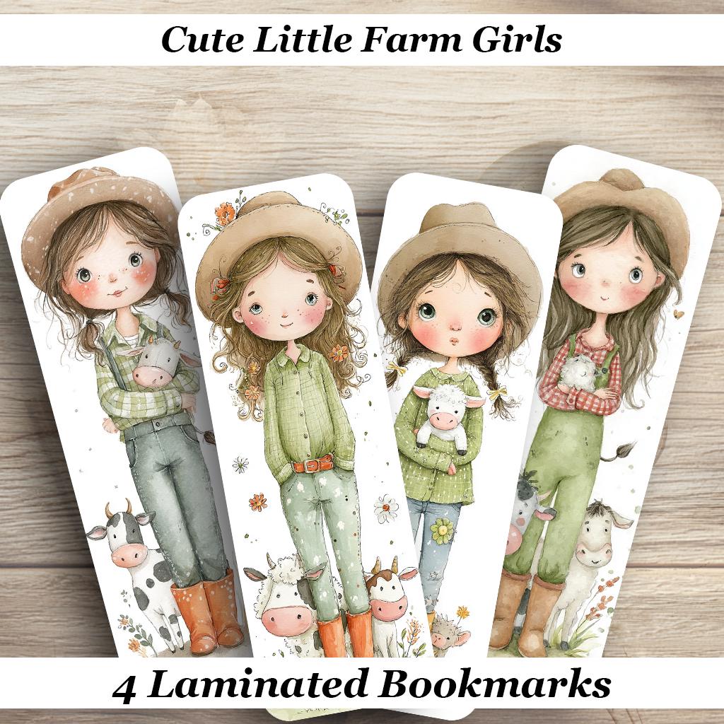 Cute Little Farm Girl Laminated Bookmarks. A set of 4 laminated featuring farm girls and pet animals. Ideal gift for book lovers or yourself