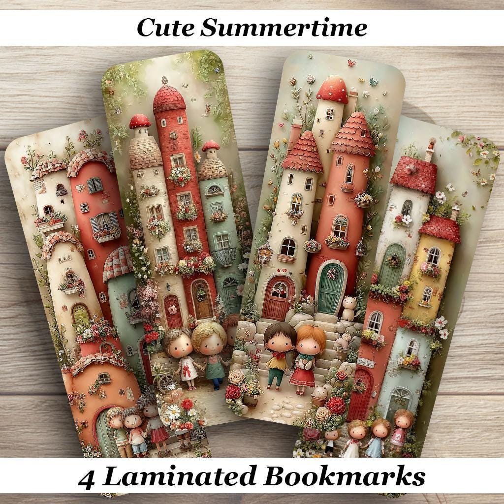 Cute Summer Bookmarks. Set of 4 Laminated Whimsical Summertime Bookmarks. Gift for Book Lovers.