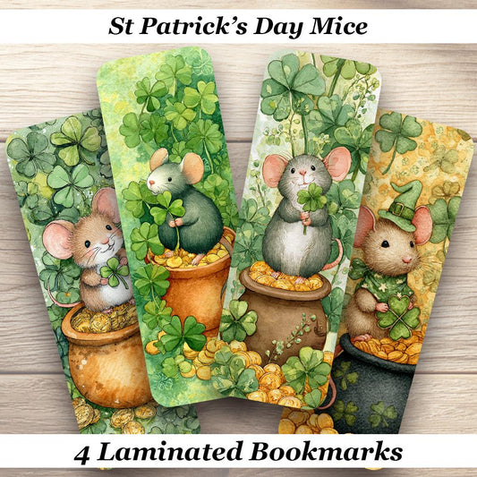 St Patrick's Day Mice Laminated Bookmarks. Set of 4 different designs. Cute Cottagecore gifts for book lovers, readers, yourself!