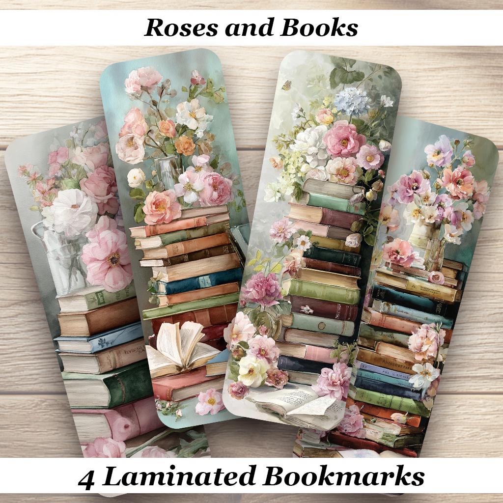 Roses and Books Laminated Bookmarks. Set of 4 vintage style book marks. Gift for book lovers, readers, book clubs or yourself!