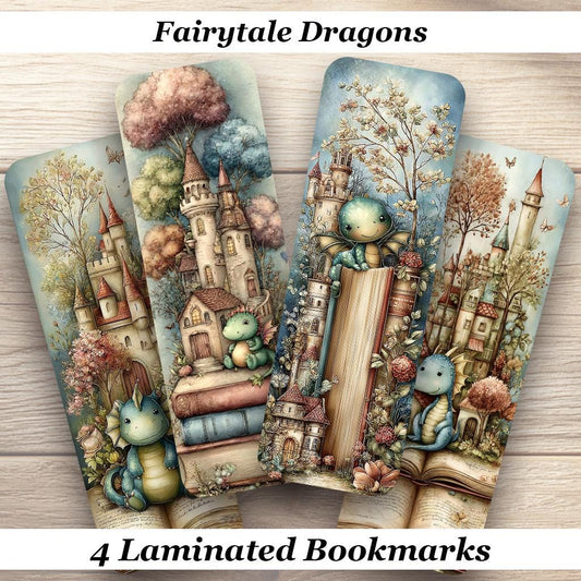 Fairytale Dragon Bookmark Set of 4 Laminated Cute Dragon Bookmarks. Book Lover Gift