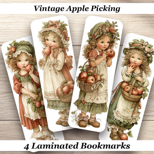 Vintage Apple Picking Laminated Bookmarks – Set of 4 Autumn Cottagecore Bookmarks – Reading Gift for Book Lovers, Teachers & Students.