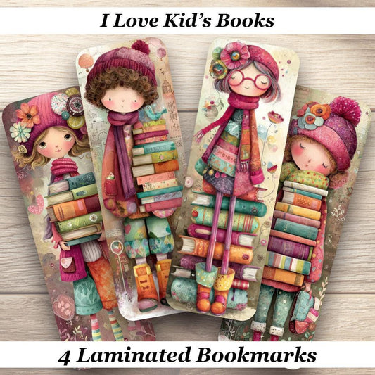 I Love Kid's Books Laminated Bookmarks. Set of 4 different whimsical designs. Gift for Book Lovers, Kids, Readers, Book Clubs or yourself!