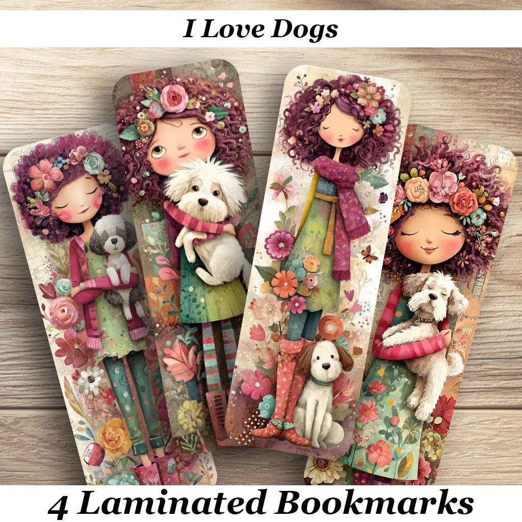 I Love Dogs Laminated Bookmarks. Set of 4 cute bookmarks featuring dogs and their owners. Gift for book lovers, readers or yourself!