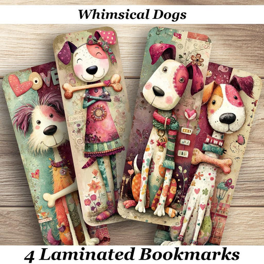 Whimsical Dogs Laminated Bookmarks. Set of 4 Cute Canine Book Marks. Idela Gift for Book Lovers, Readers, Kids or just for yourself!