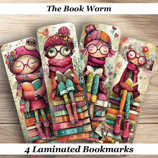 The Book Worm Laminated Bookmarks Set of 4 whimsical book marks just for you. Ideal book clubs, gift for book lover, readers.