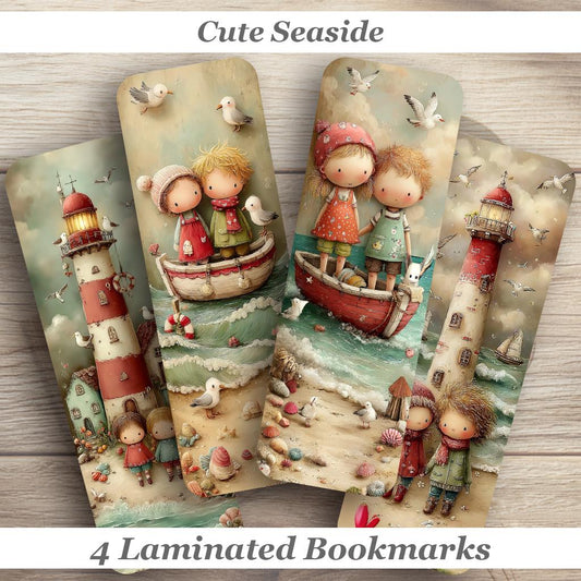 Cute Seaside Kids Bookmarks. Set of 4 Laminated Whimsical Beach Themed Bookmarks.  Cute Ocean-Themed Gift