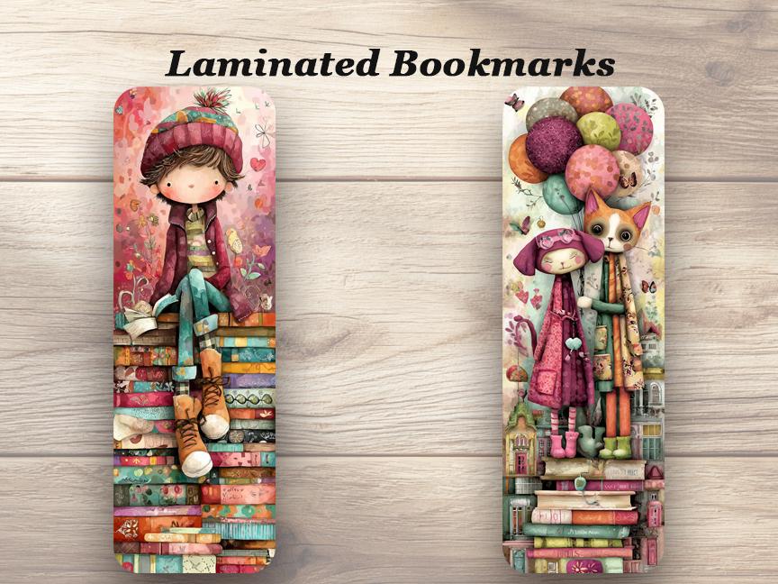 Whimsical Book Lovers Laminated Bookmarks. Set of 4 different cute designs. Ideal gift for book lovers, those who love whimsy or yourself!