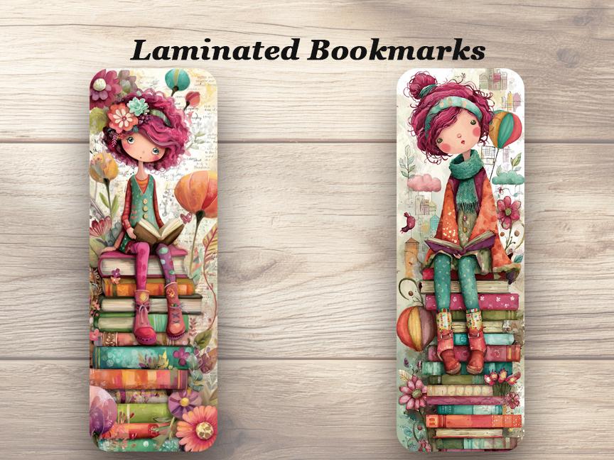 Whimsical Book Lovers Laminated Bookmarks. Set of 4 different cute designs. Ideal gift for book lovers, those who love whimsy or yourself!
