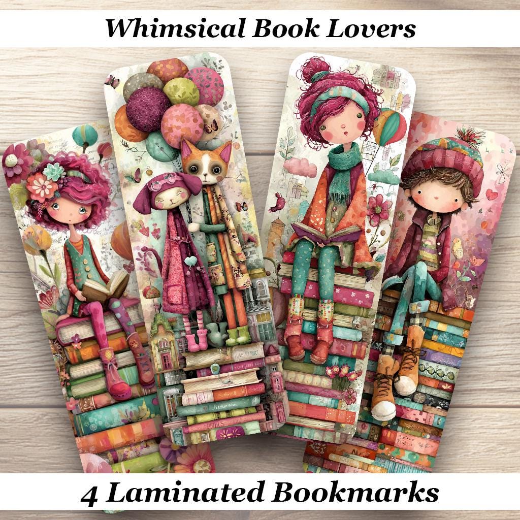 Whimsical Book Lovers Laminated Bookmarks. Set of 4 different cute designs. Ideal gift for book lovers, those who love whimsy or yourself!