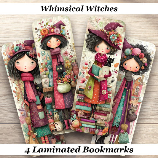 Whimsical Witches Laminated Bookmarks. Set of 4 different cute designs, ideal gift for book lovers, or yourself.
